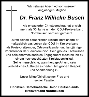 Traueranzeige von Franz Wilhelm Busch von Thüringer Allgemeine