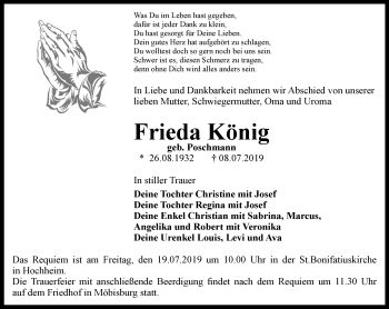 Traueranzeige von Frieda König von Thüringer Allgemeine, Thüringische Landeszeitung