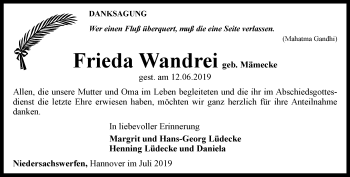 Traueranzeige von Frieda Wandrei von Thüringer Allgemeine