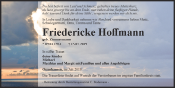 Traueranzeige von Friedericke Hoffmann von Thüringer Allgemeine