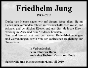 Traueranzeige von Friedhelm Jung von Ostthüringer Zeitung, Thüringische Landeszeitung