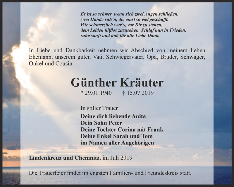 Traueranzeigen von Günther Kräuter | trauer-in-thueringen.de