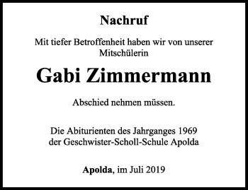 Traueranzeige von Gabi Zimmermann von Thüringer Allgemeine, Thüringische Landeszeitung