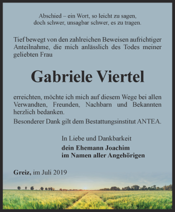 Traueranzeige von Gabriele Viertel von Ostthüringer Zeitung