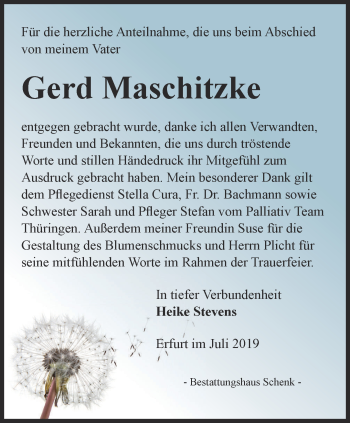 Traueranzeige von Gerd Maschitzke von Thüringer Allgemeine, Thüringische Landeszeitung