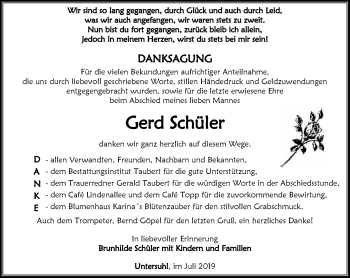 Traueranzeige von Gerd Schüler von Thüringer Allgemeine, Thüringische Landeszeitung