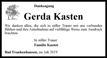 Traueranzeige von Gerda Kasten von Thüringer Allgemeine