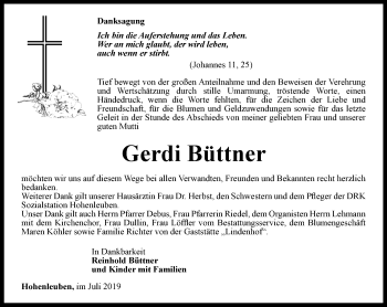 Traueranzeige von Gerdi Büttner von Ostthüringer Zeitung