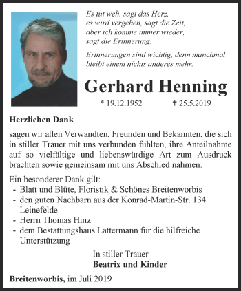 Traueranzeige von Gerhard Henning von Thüringer Allgemeine