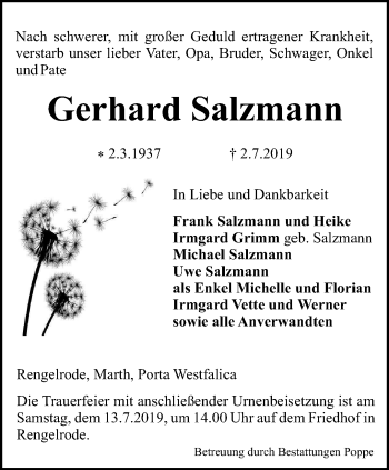 Traueranzeige von Gerhard Salzmann von Thüringer Allgemeine