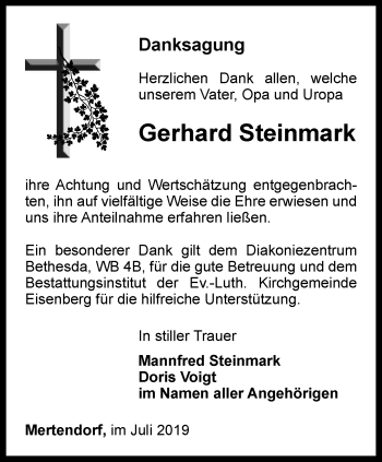 Traueranzeige von Gerhard Steinmark von Ostthüringer Zeitung