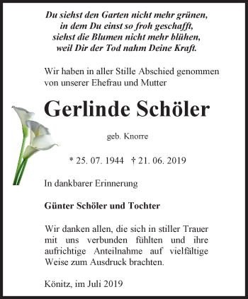 Traueranzeige von Gerlinde Schöler von Ostthüringer Zeitung