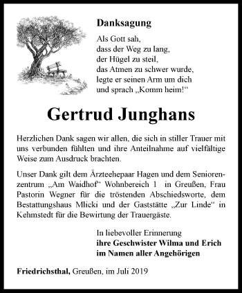 Traueranzeige von Gertrud Junghans von Thüringer Allgemeine