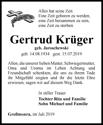 Traueranzeige von Gertrud Krüger von Thüringer Allgemeine