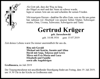 Traueranzeige von Gertrud Krüger von Thüringer Allgemeine