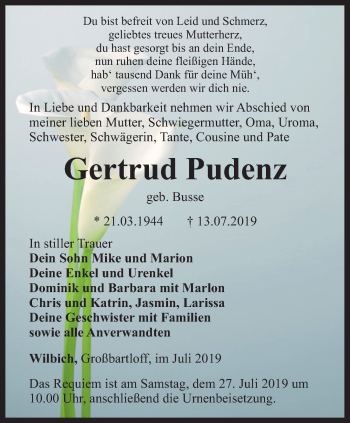 Traueranzeige von Gertrud Pudenz von Thüringer Allgemeine