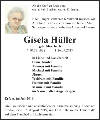 Traueranzeige von Gisela Hüller von Thüringer Allgemeine, Thüringische Landeszeitung