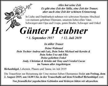 Traueranzeige von Günter Heubner von Ostthüringer Zeitung