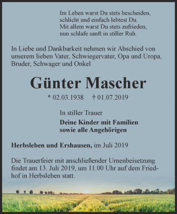 Traueranzeige von Günter Mascher von Thüringer Allgemeine, Thüringische Landeszeitung