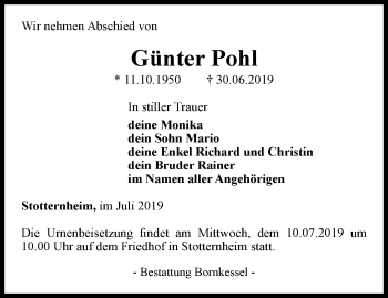 Traueranzeige von Günter Pohl von Thüringer Allgemeine, Thüringische Landeszeitung