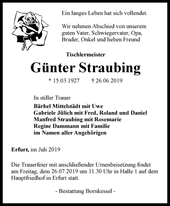 Traueranzeige von Günter Straubing von Thüringer Allgemeine, Thüringische Landeszeitung