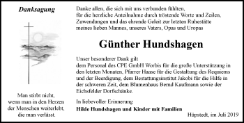 Traueranzeige von Günther Hundshagen von Thüringer Allgemeine, Thüringische Landeszeitung