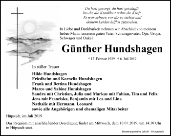 Traueranzeige von Günther Hundshagen von Thüringer Allgemeine, Thüringische Landeszeitung