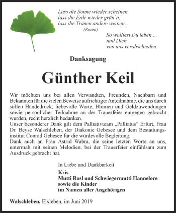 Traueranzeige von Günther Keil von Thüringer Allgemeine, Thüringische Landeszeitung