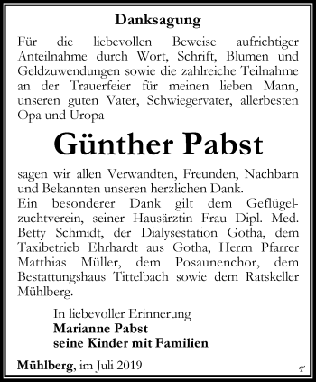 Traueranzeige von Günther Pabst von Ostthüringer Zeitung, Thüringische Landeszeitung