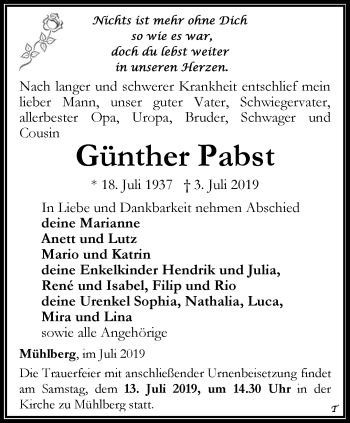 Traueranzeige von Günther Pabst von Ostthüringer Zeitung, Thüringische Landeszeitung