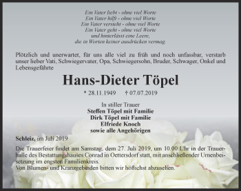 Traueranzeige von Hans-Dieter Töpel von Ostthüringer Zeitung