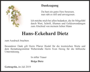 Traueranzeige von Hans-Eckehard Dietz von Ostthüringer Zeitung