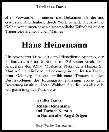Traueranzeige von Hans Heinemann von Thüringer Allgemeine, Thüringische Landeszeitung