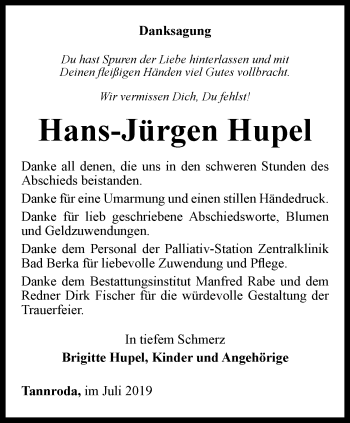 Traueranzeige von Hans-Jürgen Hupel von Thüringer Allgemeine, Thüringische Landeszeitung