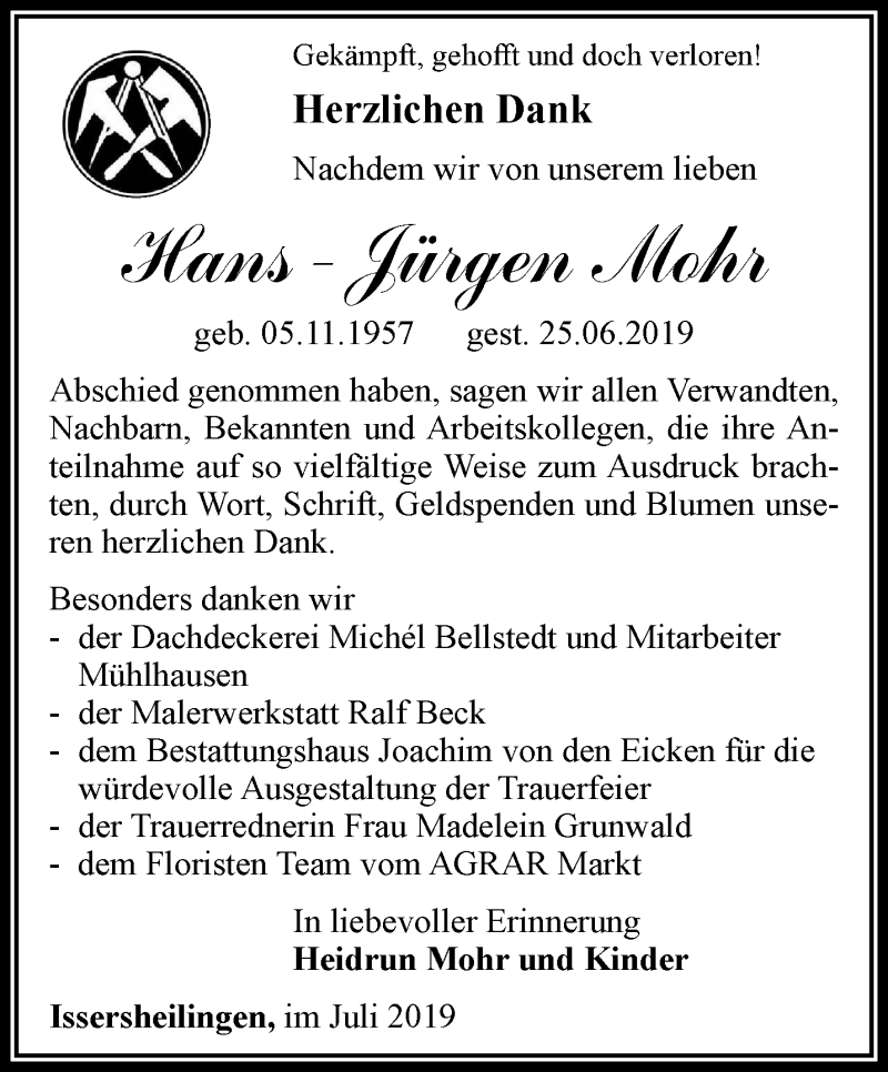  Traueranzeige für Hans - Jürgen  Mohr vom 13.07.2019 aus Thüringer Allgemeine, Thüringische Landeszeitung