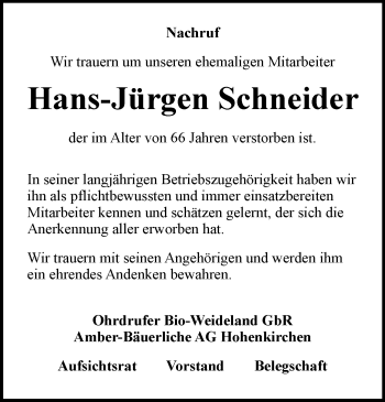 Traueranzeige von Hans-Jürgen Schneider von Ostthüringer Zeitung, Thüringische Landeszeitung