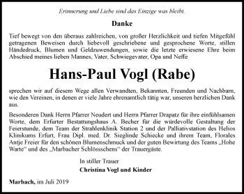 Traueranzeige von Hans-Paul Vogl von Thüringer Allgemeine, Thüringische Landeszeitung