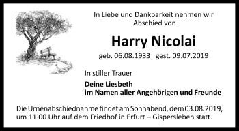 Traueranzeige von Harry Nicolai