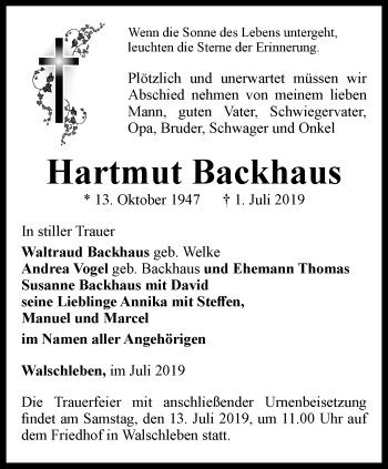 Traueranzeige von Hartmut Backhaus von Thüringer Allgemeine, Thüringische Landeszeitung