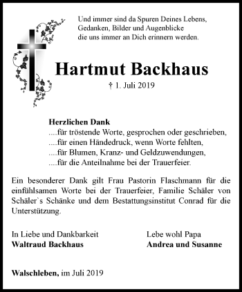 Traueranzeige von Hartmut Backhaus von Thüringer Allgemeine, Thüringische Landeszeitung