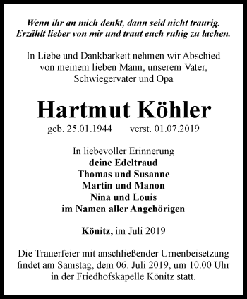 Traueranzeige von Hartmut Köhler von Ostthüringer Zeitung