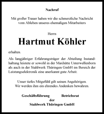 Traueranzeige von Hartmut Köhler von Ostthüringer Zeitung