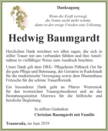 Traueranzeige von Hedwig Baumgardt von Ostthüringer Zeitung