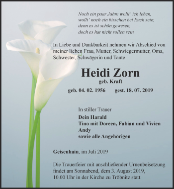 Traueranzeige von Heidi Zorn von Ostthüringer Zeitung