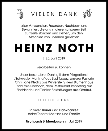 Traueranzeige von Heinz Noth von Ostthüringer Zeitung, Thüringische Landeszeitung