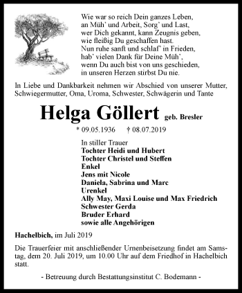 Traueranzeige von Helga Göllert von Thüringer Allgemeine