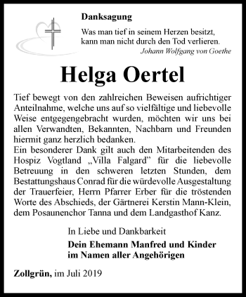 Traueranzeige von Helga Oertel von Ostthüringer Zeitung