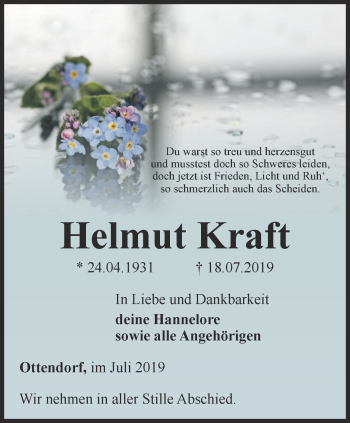 Traueranzeige von Helmut Kraft von Ostthüringer Zeitung