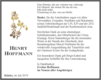 Traueranzeige von Henry Hoffmann von Ostthüringer Zeitung