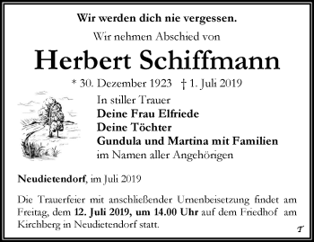 Traueranzeige von Herbert Schiffmann von Ostthüringer Zeitung, Thüringische Landeszeitung